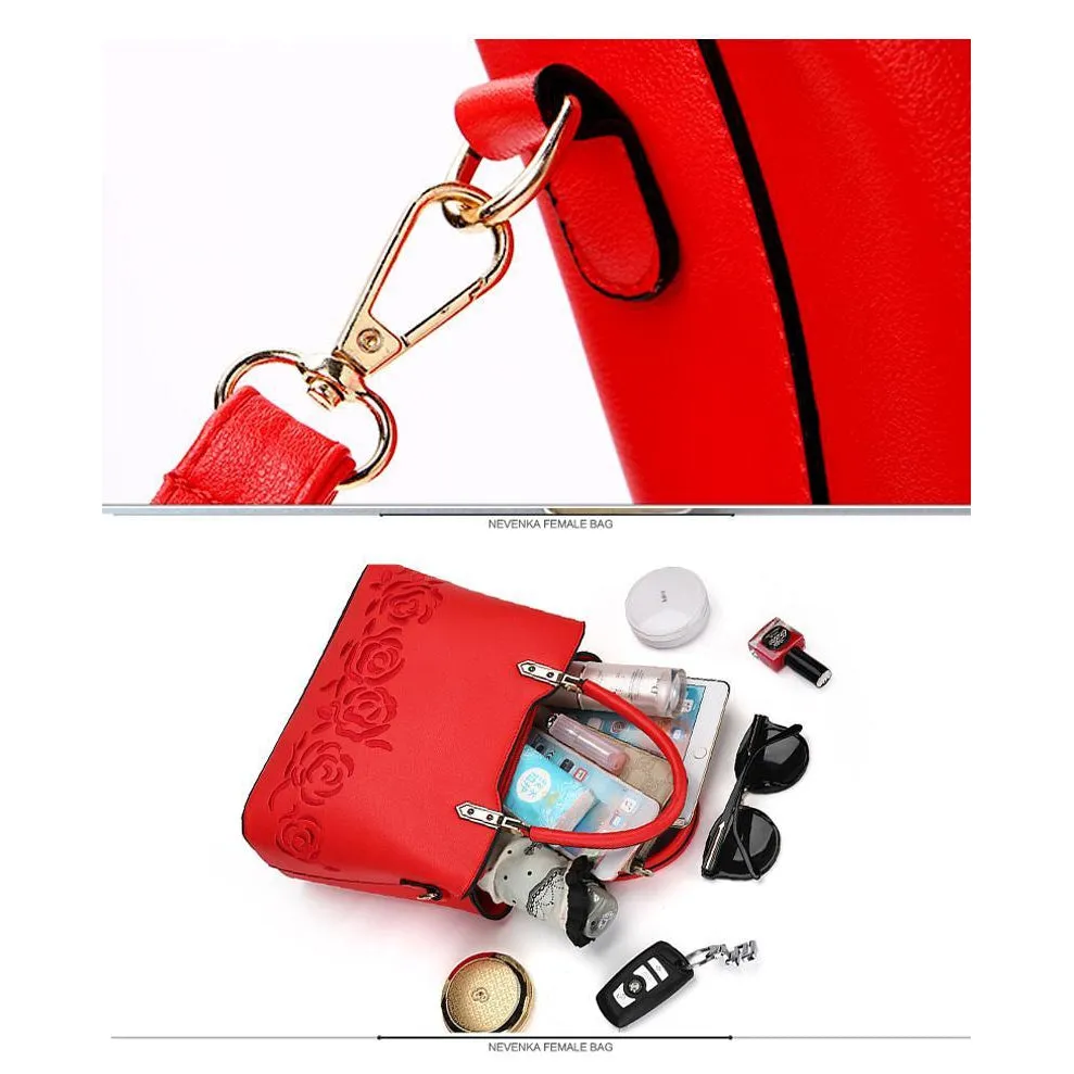 Women Premium Quality Faux-Leather Tote Messenger Crossbody Bag with Flower Embroidery